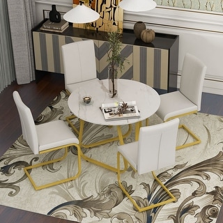 5Pcs Round Dining Table Set w/Faux Marble Table and 4 PU Leather Chairs ...