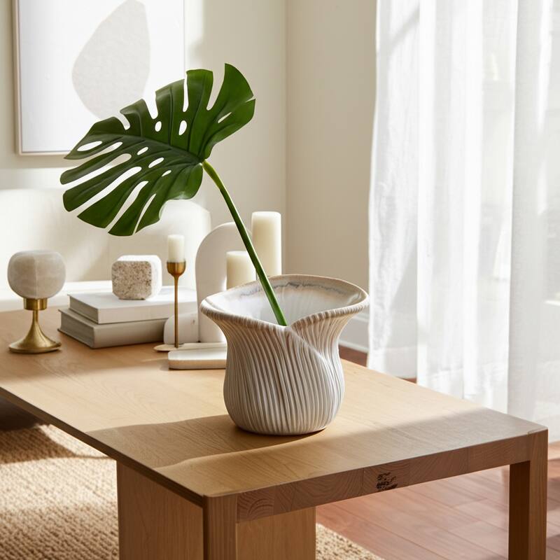 Ceramic Vase Chiseled Sculptural Curved Silhouette Artisan Style - Ivory - 15" x 11" x 15"