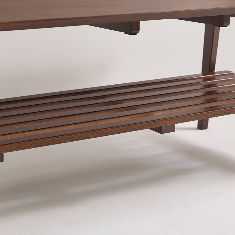 Wooden Coffee Table with Storage Shelf, Mid-Century Rectangular Center Table for Living Room,Walnut Brown