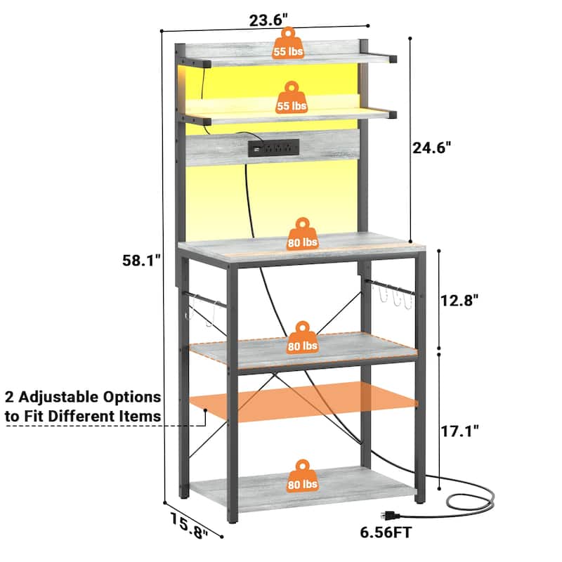 Bakers Rack Kitchen Storage Shelf with Power Outlets and RGB LED Lights,5 Tiers Coffee Bar Station,Microwave Stand