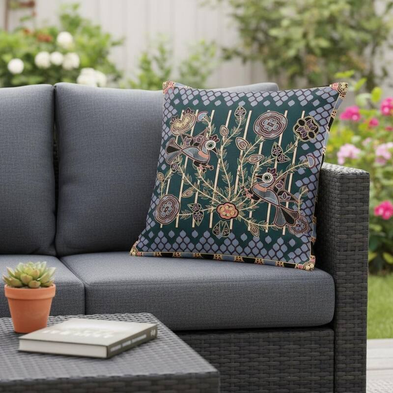 HomeRoots Set of Two 16" X 16" Green and Pink Peacock Blown Seam Floral Indoor Outdoor Throw Pillow - 16.00' X '16.00' X '5.00 - Green/Pink - 16.00' X '16.00' X '5.00