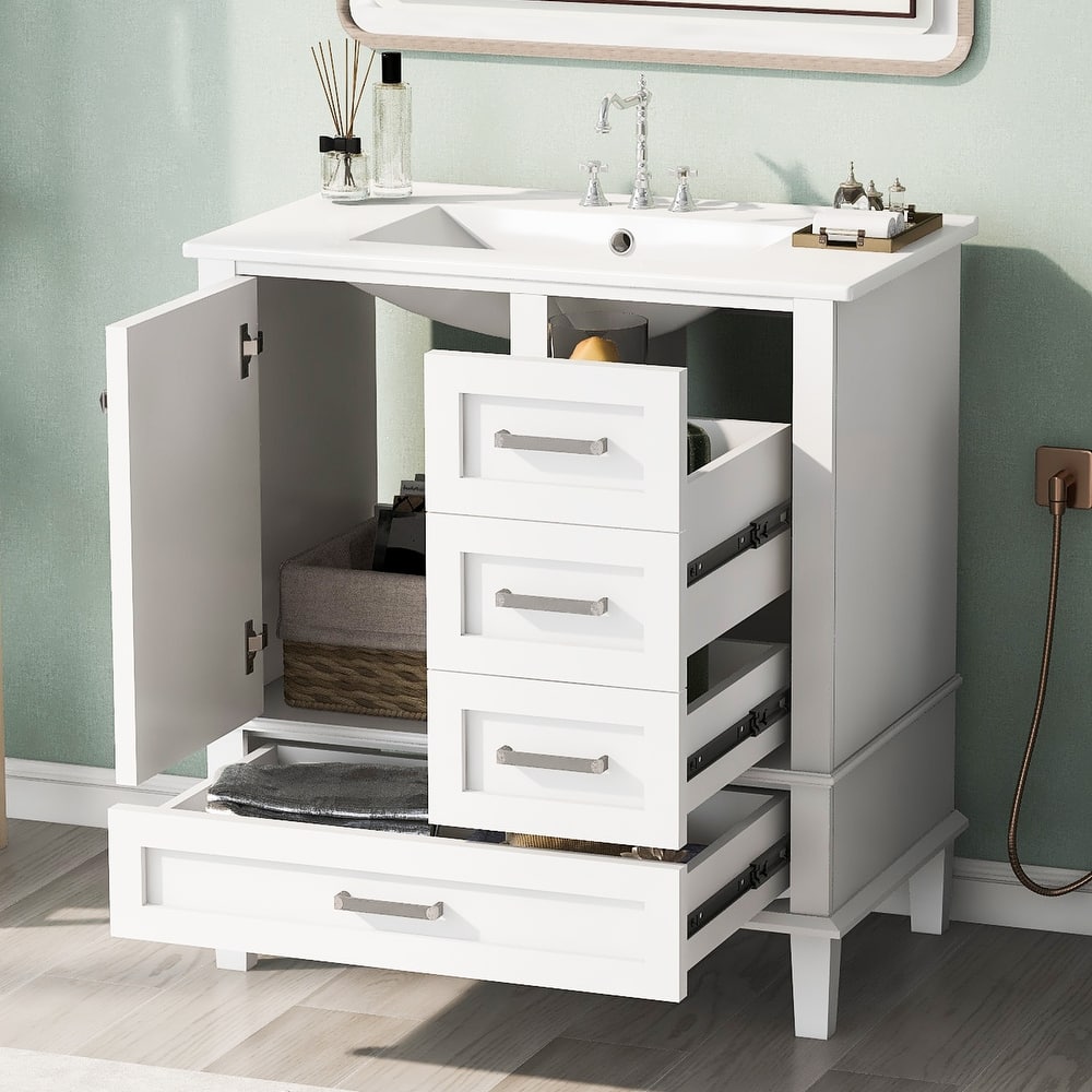 Modern Bathroom Vanity Cabinet with Sink, 1 Soft Closing Door and 3 Drawers