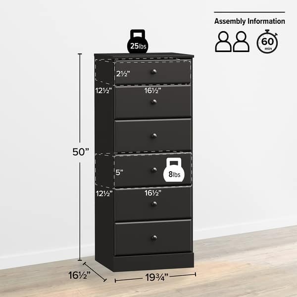 dimension image slide 3 of 4, Prepac Astrid 6 Drawer Dresser for Bedroom, Tall Chest of Drawers, Bedroom Furniture, Clothes Storage and Organizer