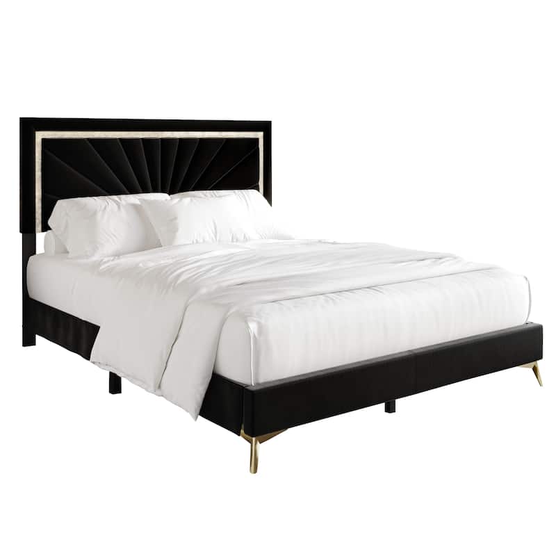 CraftPorch Luxurious Diamond Strip Velvet Upholstered Bed - Black - Full