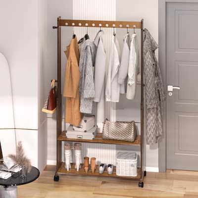 Rustic Wooden Clothes Rack Freestanding Bamboo Garment Stand On Wheels - 40.94x12.68x65.35 inch
