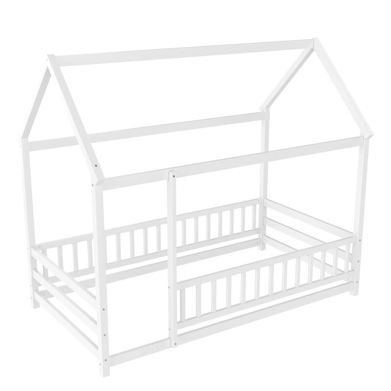 Twin Size Floor Wooden Bed with House Roof Frame, Fence Guardrails