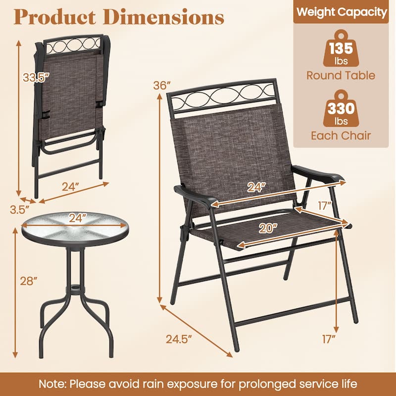 3 Pieces Foldable Outdoor Bistro Table and Chairs Set with Metal Frame and Comfortable Seating - 22" x 25.5" x 37"