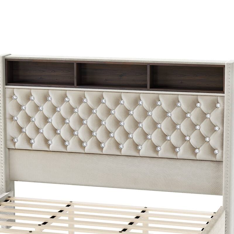Moasis King Size Velvet Upholstered Bed Frame with Storage Headboard with USB Charging Stations