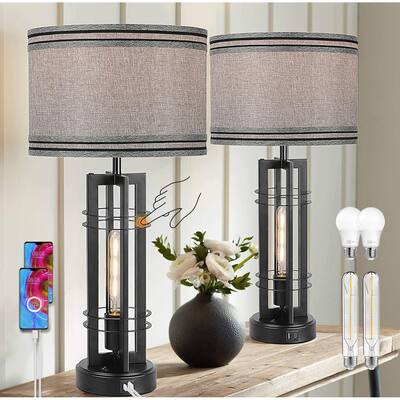 27'' Touch Control Farmhouse Table Lamps Set of 2 Tall 2-Light Design, Black Bedroom Bedside Nightstand w/A+C USB Ports