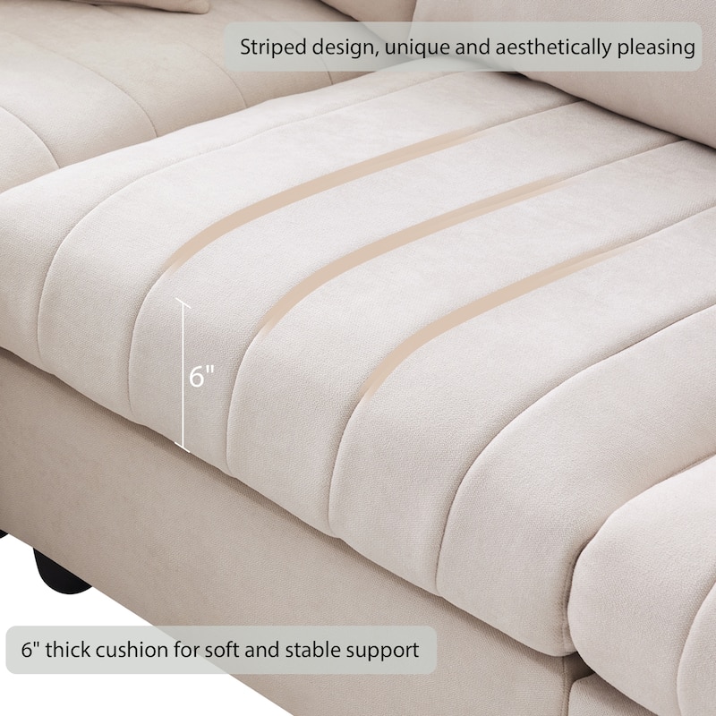 89" Linen-Blend L-Shaped Sectional Sofa with Ottoman, 2 Pillows and Pocket Springs, 360lb Capacity