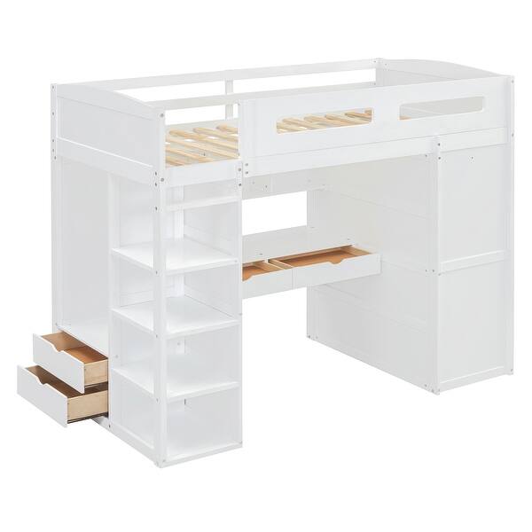 slide 2 of 20, Twin Loft Bed with Desk & Wardrobes, Wood Loft Bed w/4 Drawers & 4 Shelves for Kids Teens Boys Girls, No Box Spring Needed,White White - Twin