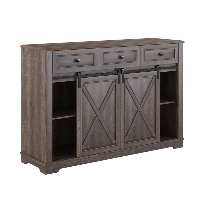 54" Farm Style Wood Buffet Bar Cabinet w/Wine & Glass Rack