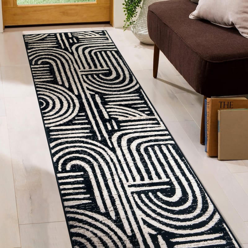Contemporary Black Ivory Gray Area Rug, Stylish for Any Room - 2' 3" x 8'