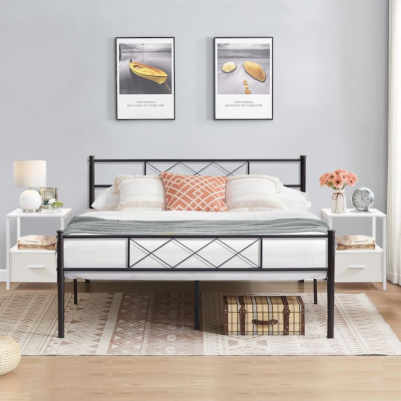VECELO Industrial 3-Piece Bedroom Set Black Platform Bed Frame with Headboard and Modern Nightstand Set of 2