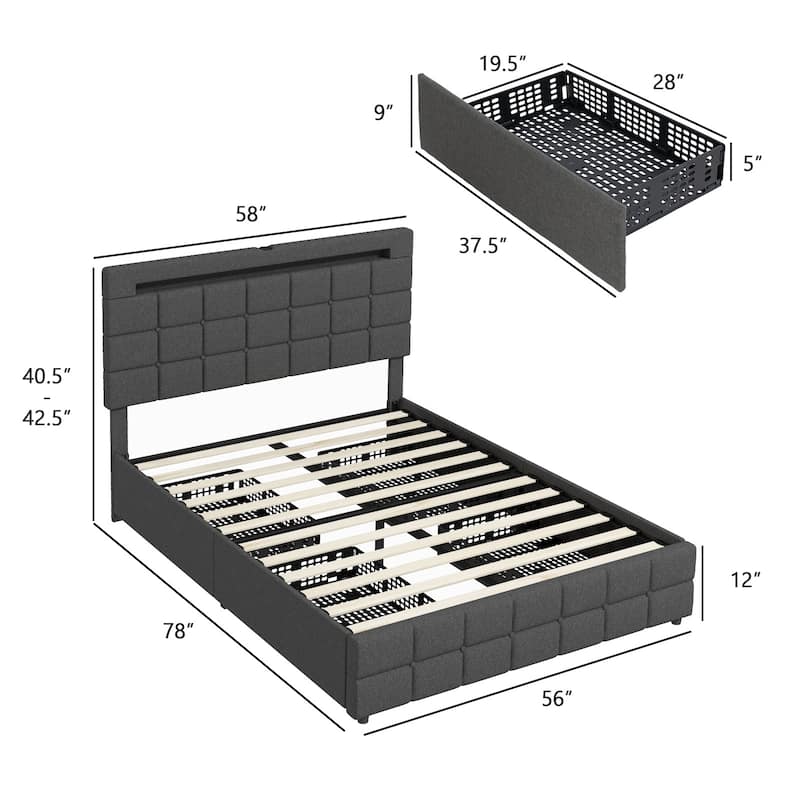 Upholstered Queen LED Bed Frame with Headboard and 4 Drawers-Queen Size