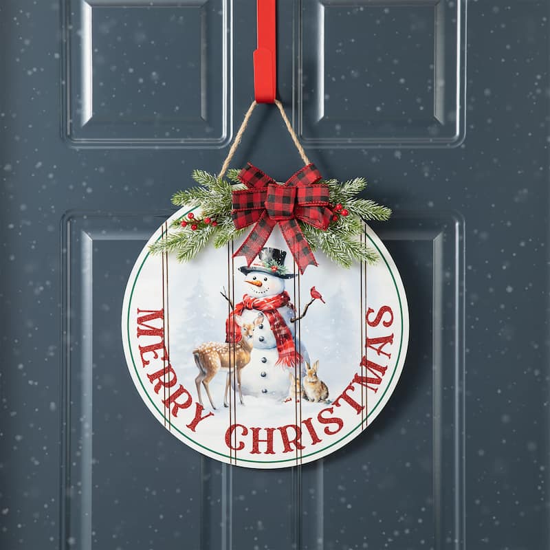 Glitzhome 15"D Wooden Merry Christmas Round Snowman Wall Sign Door Hanger
