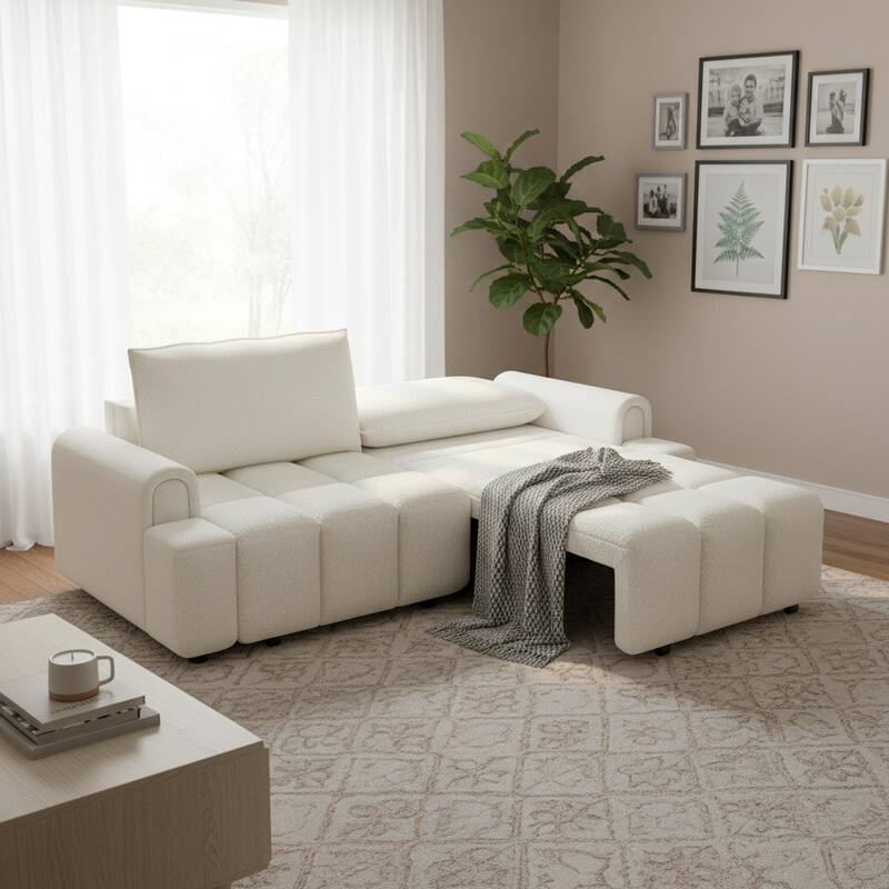 Homy Casa 90" 4-Seater Teddy Fabric Sofa with Hidden Seat Storage, 3-in-1 Convertible Sleeper Couch, Beige/Grey/Black