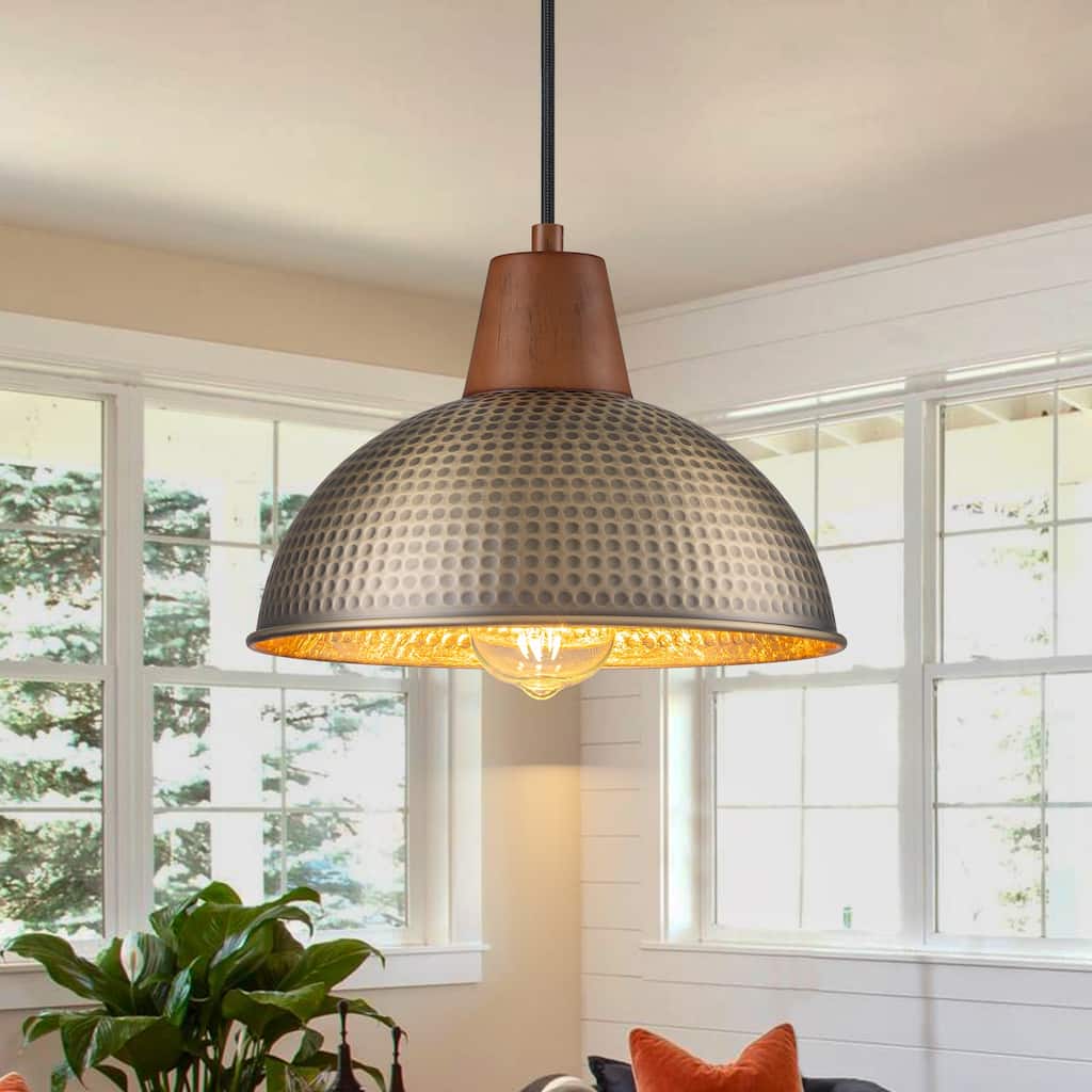 Industiral Hammered Antique Bronze Wood Dome Pendant Light - W12"