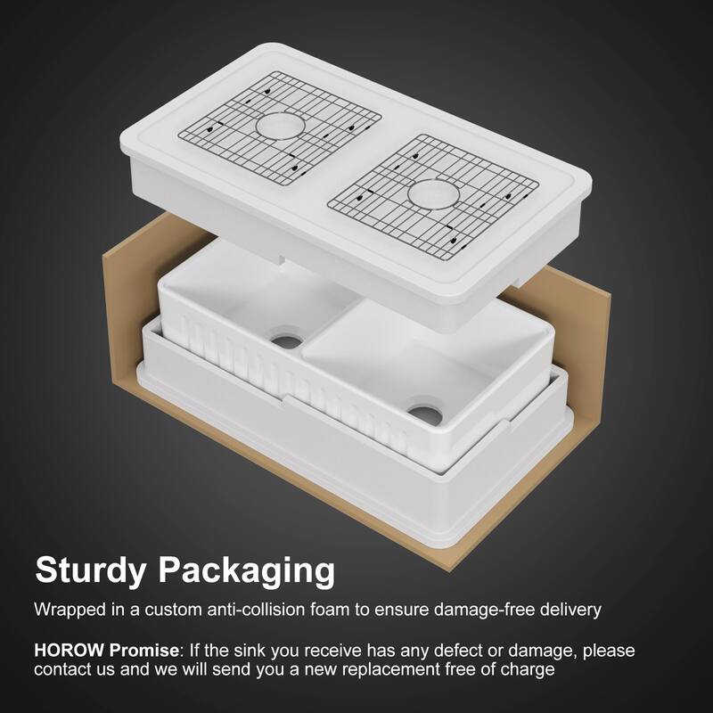 HOROW 33 in. Farmhouse/Apron-Front 50/50 Double Bowl White Fireclay Kitchen Sink with Bottom Grid and Strainer