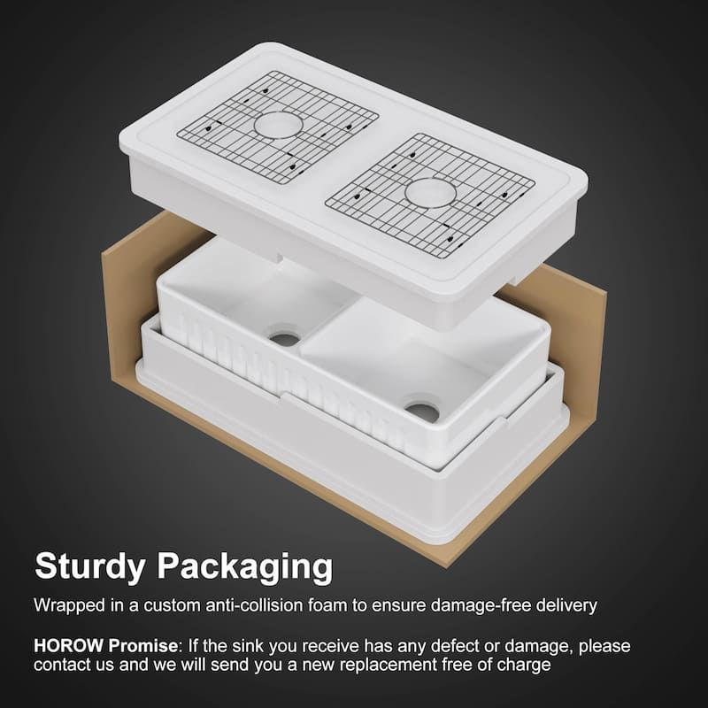HOROW White Fireclay 33 in. Double Bowl Farmhouse Apron Kitchen Sink Workstation Kitchen Sink with Bottom Grid