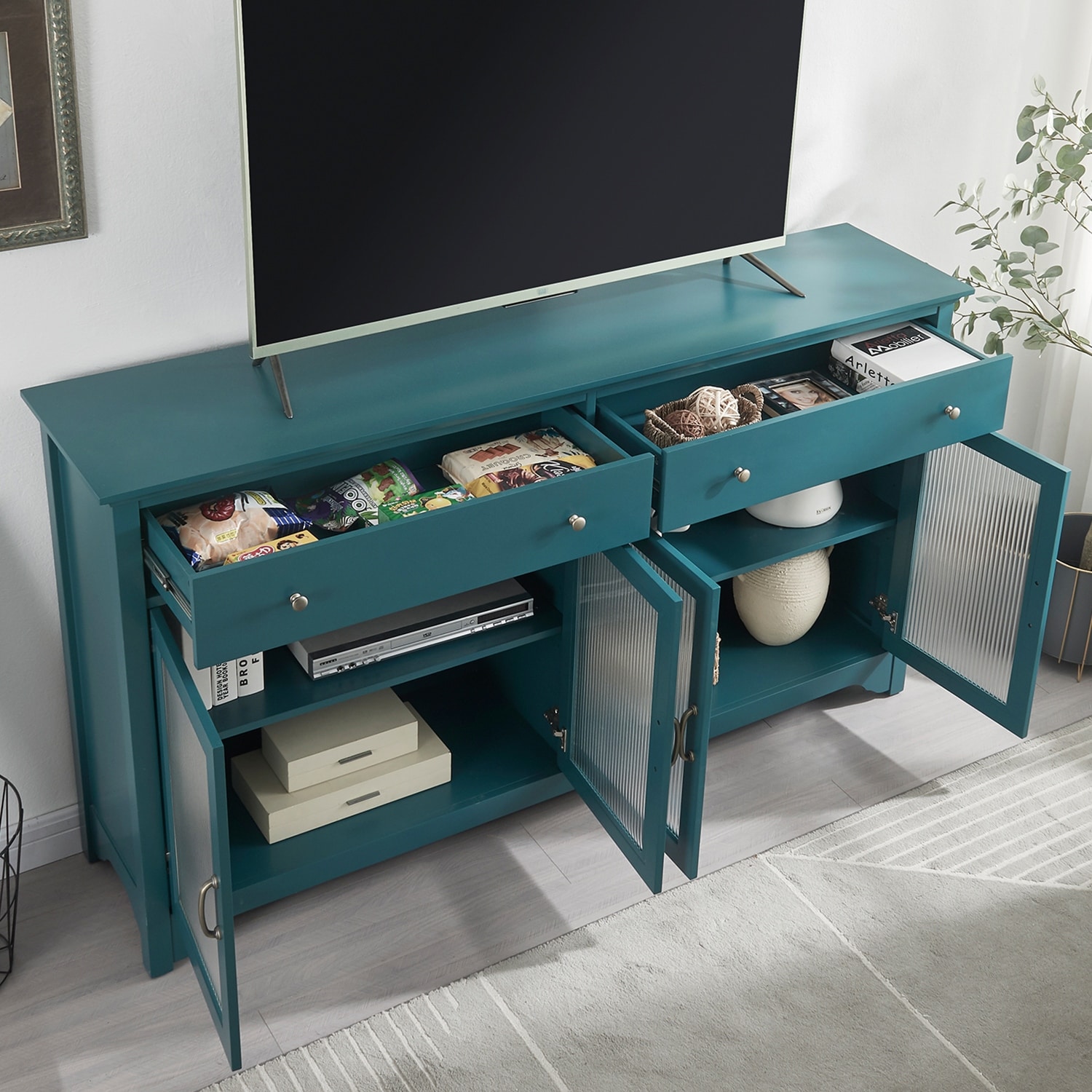62 TV Stand, Storage Buffet Cabinet, Sideboard - Teal Blue