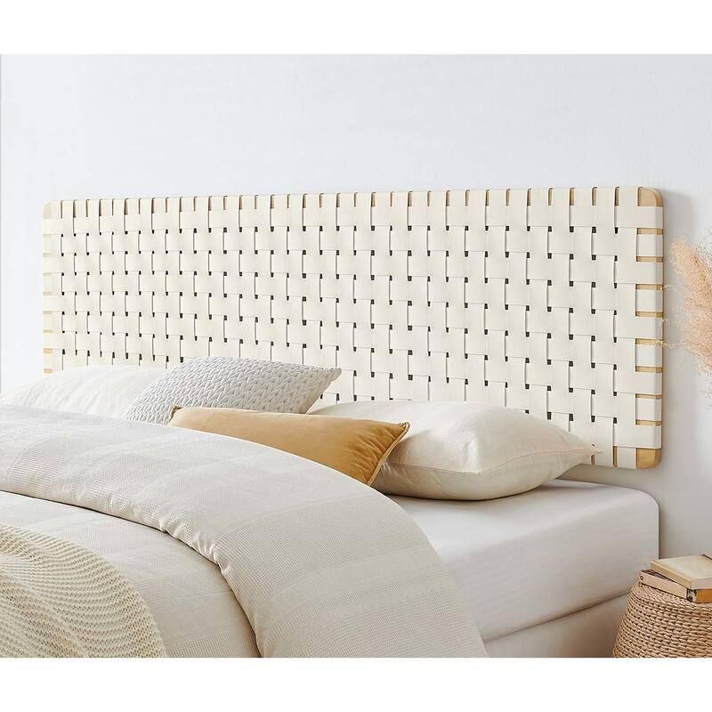 Ditmas Solid Wooden Off-White Leather Basket Weaved Floating King Size Headboard