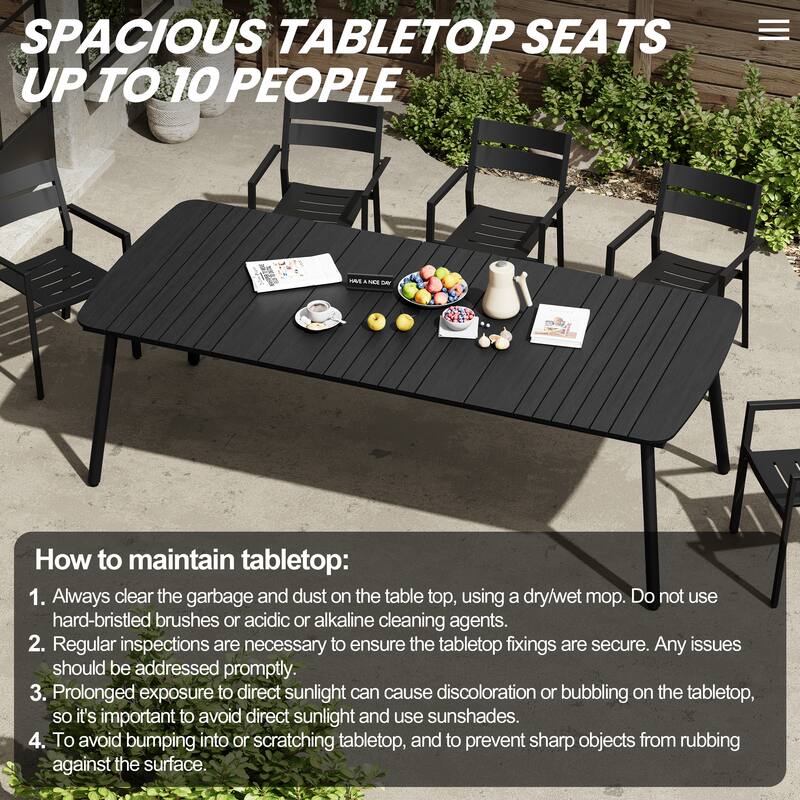 9-Piece Outdoor Rectangular Dining Table Set with Umbrella Hole and Stackable Armchairs