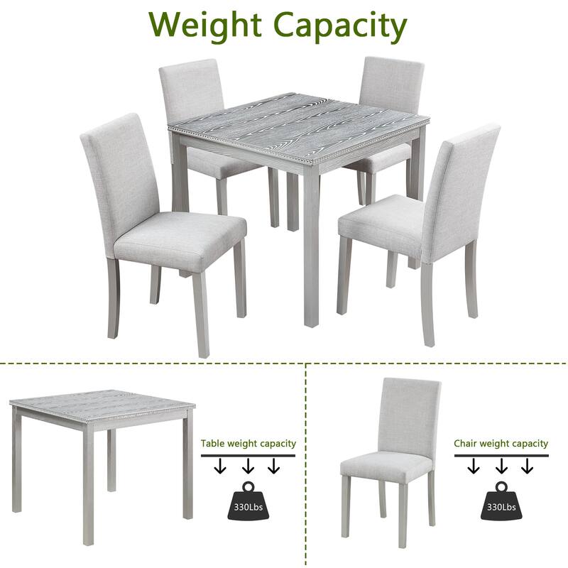 5 Piece Dining Table Set with 4 Upholstered Dining Chairs Wooden Dining Table with Crystal Accent Table Edge for Kitchen