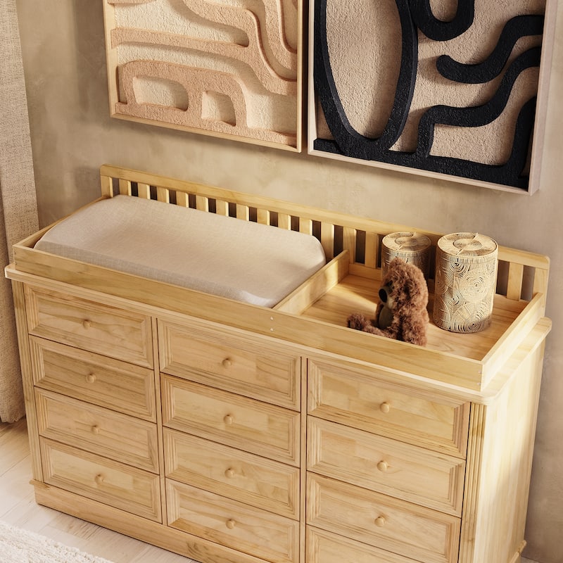 Extra Wide Solid Pine Wood 12-Drawer Changing Table Dresser – 59.9" Real Wood Nursery Dresser with Removable Topper