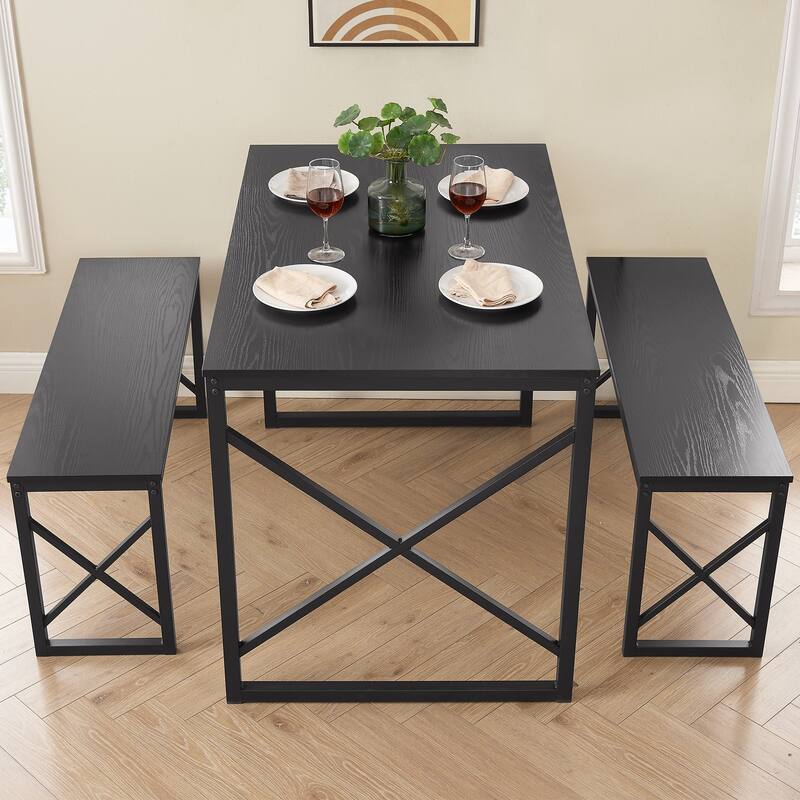 VECELO 3-pieces Dining Table with Bench, Dinning Room Table Set for 4-6, Kitchen Table with 2 Benches Dining Table Set