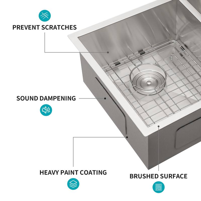 32 Inch Undermount Double Bowl 16 Gauge Stainless Steel Kitchen Sink in Brushed Nickel - 32'' x 18'' x 9''