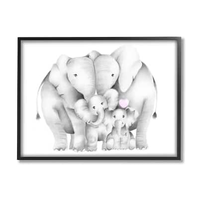 Stupell Baby Elephants with Animal Family Cute Pink Heart Framed Wall Art