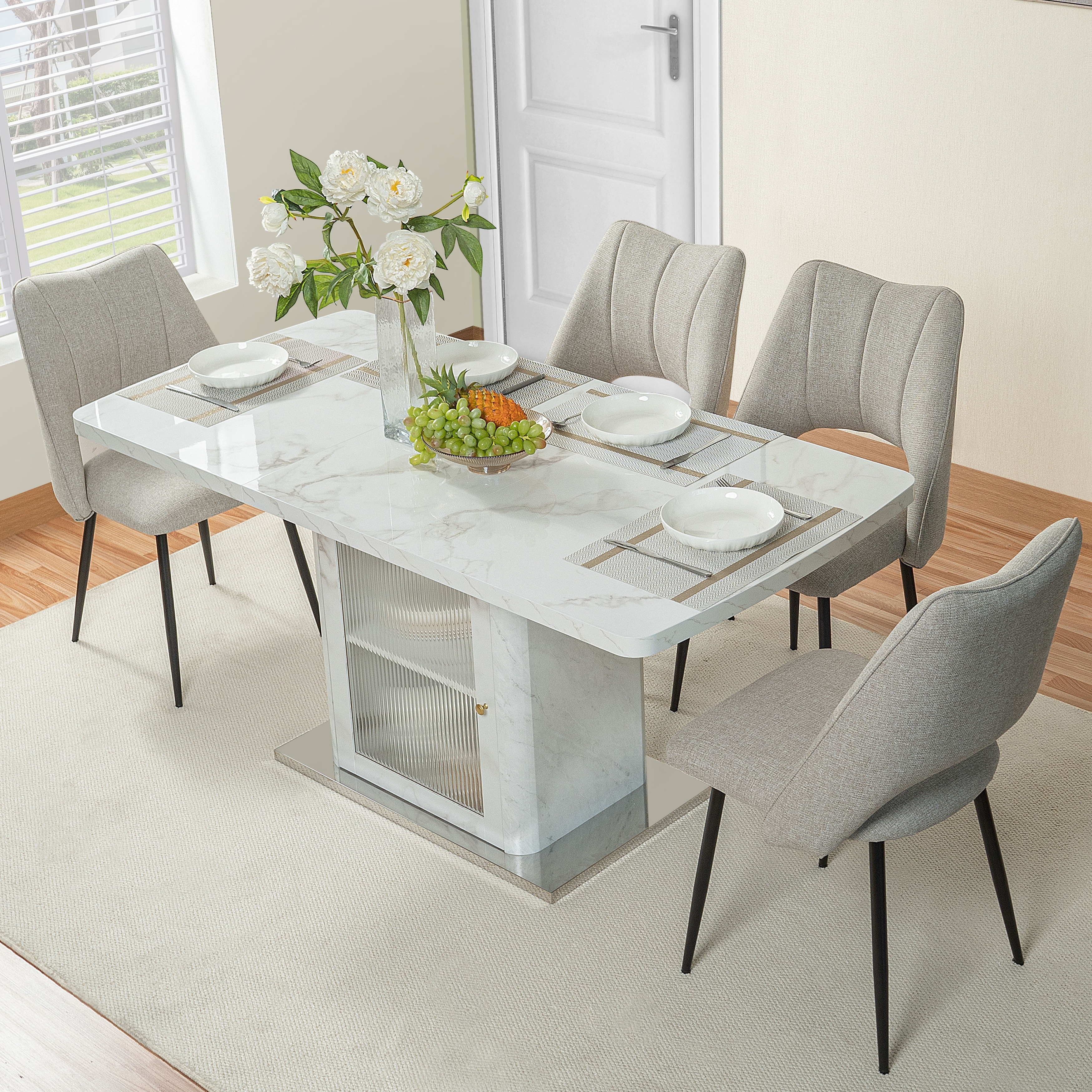 47.24"-63"Modern Rectangle Dining Table, Stretchable, with Printed Black Marble Table Top+Storage Cabinet Table Leg