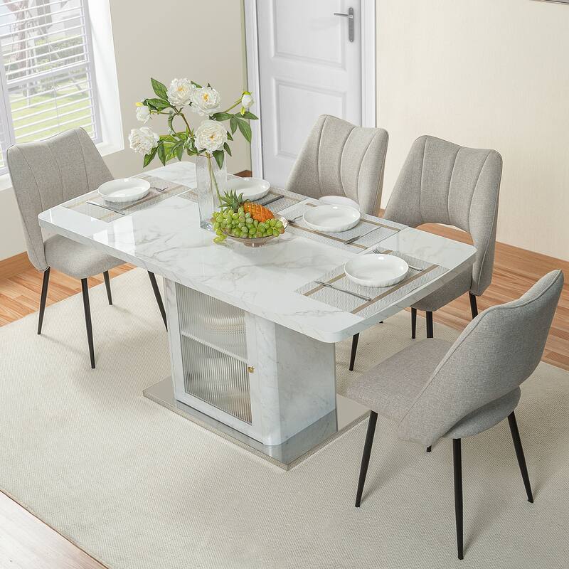 47.24"-63"Modern Rectangle Dining Table, Stretchable, with Printed Black Marble Table Top+Storage Cabinet Table Leg - White