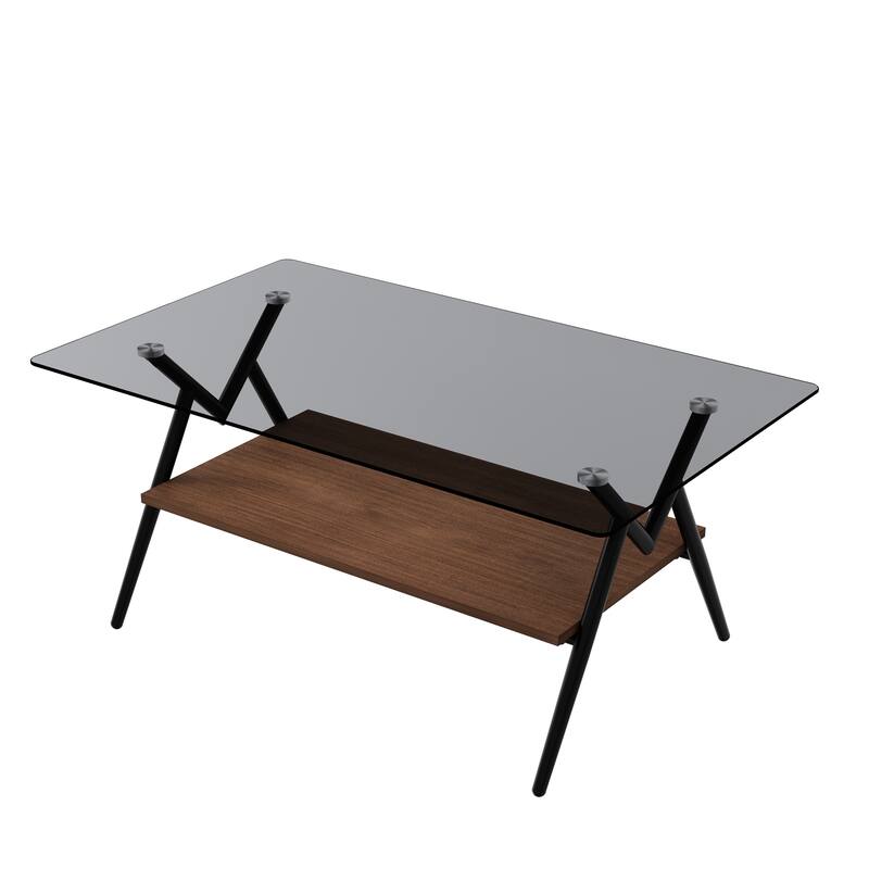 Rectangle Coffee Table with Tempered Glass Top and Shelf