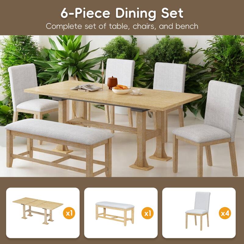 Farmhouse 76" 6-Piece Extendable Dining Table Set with Removable Leaf, Upholstered Chairs & Bench for Dining Room and Kitchen