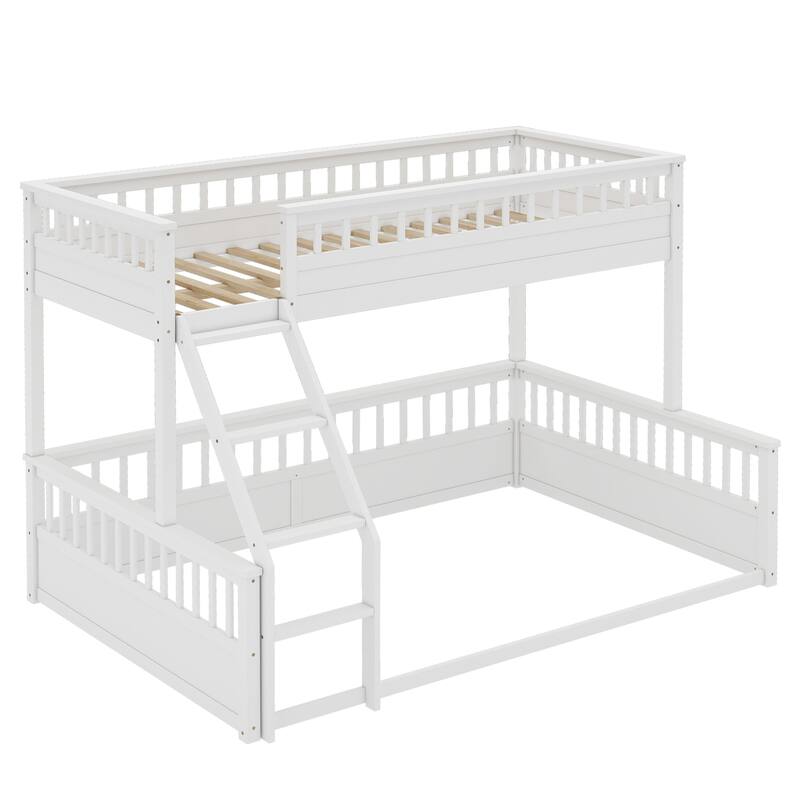 Roomfitters Twin XL over Queen Bunk Bed with Ladder and Safety Guardrails, Space-Saving Wood Frame, White