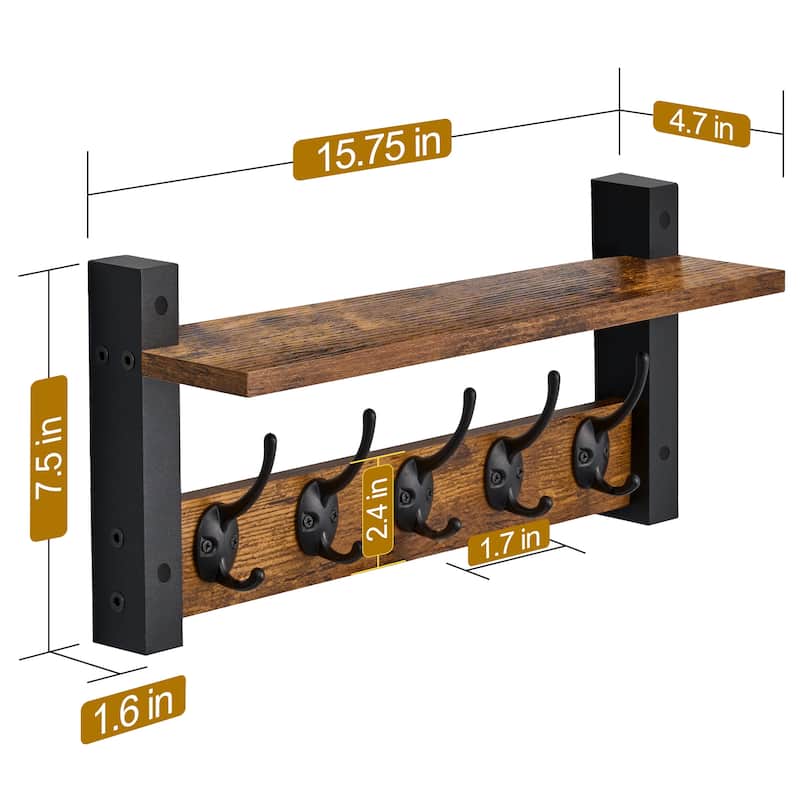 Sorbus Coat Hooks Wall Mount Floating Shelf with 5 Heavy Duty Hooks, Large and Extra Large