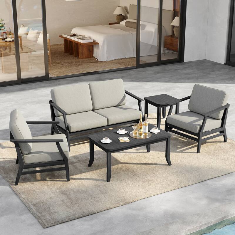 5-Piece Outdoor Teak Wood Patio Conversation Set with Cushions