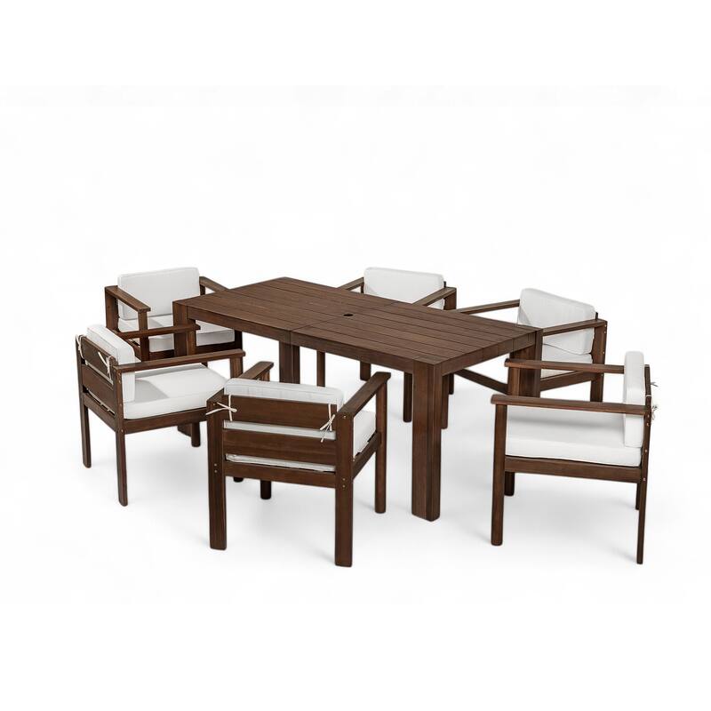 7-Piece Outdoor Patio Dining Set Wood Rectangular Dining Table and 6 Arm Chairs with Parasol Hole and Removable Cushions