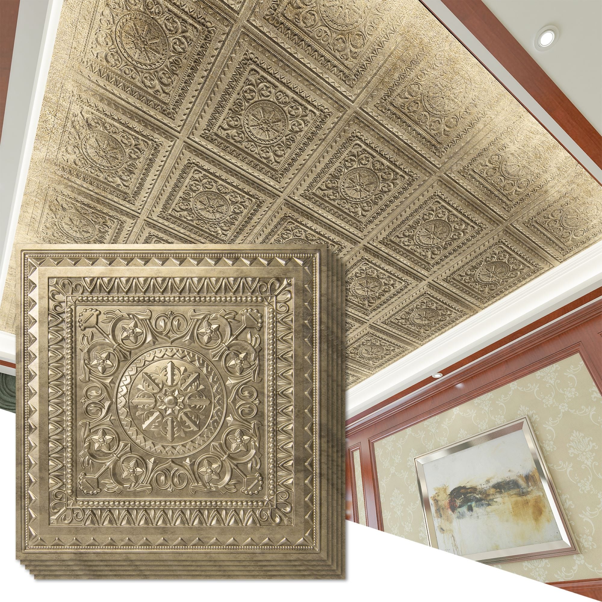 Art3d 2x2 ft. Drop Ceiling Tiles, Glue Up Ceiling Tiles,PVC Panels in Antique Gold