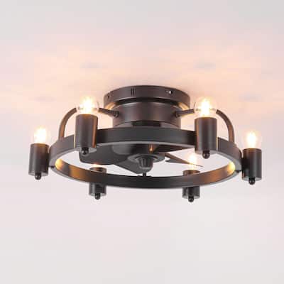 Cusp Barn 20 Inch Black Low Profile Flush Mount Ceiling Fan with Light and Remote, Industrial 6 Speeds DC Motor Ceiling Fan