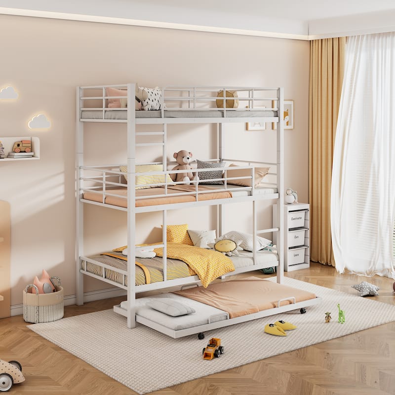 Metal Twin Size Triple Bunk Bed With Trundle - White