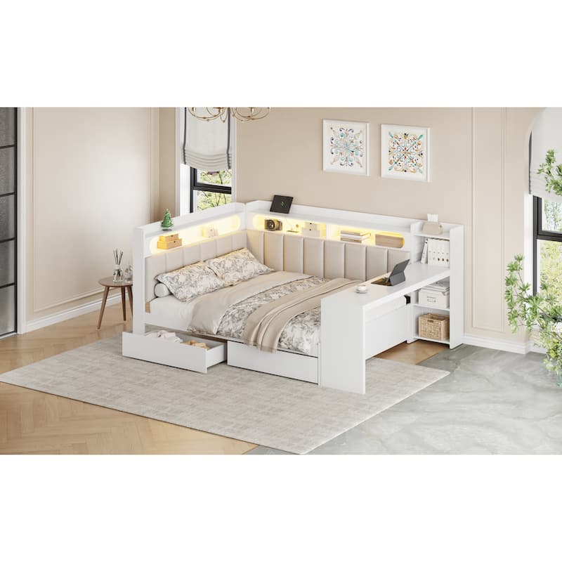 Full Daybed with Storage Shelves Built-in Charging Station LED Light, L-shape Upholstered Sofa Bed with 2 Drawers, Cabinet, Desk