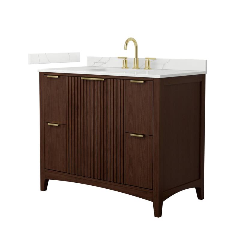 Wyndham Collection WCF9191-42S-QTZ-US3MXX Palmilla 42" Free Standing - Dark Walnut / Giotto Quartz Top / Brushed Gold