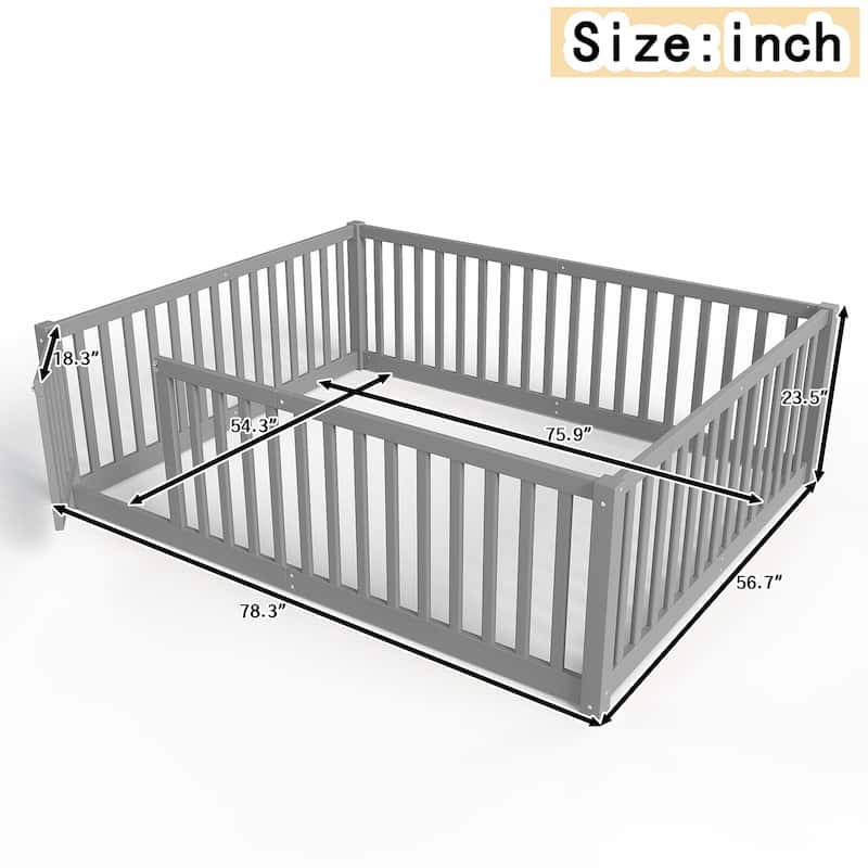 Montessori Floor Bed with Safety Guardrails & Door, Kids Low Profile Frame, Available in Queen/Full/Twin