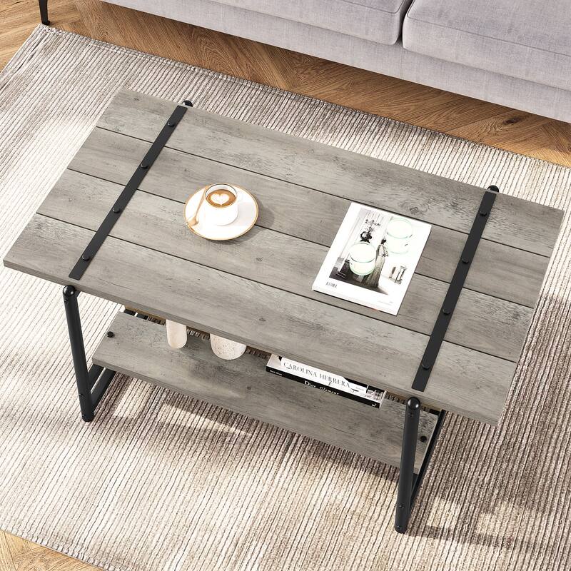 2-Tier Farmhouse 41'' Large Gray Wood Coffee Table