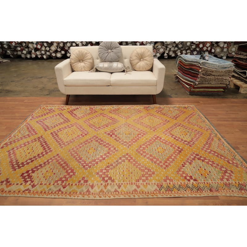 Hand Woven Oriental 100% Wool Carpet Southwestern Tribal Oranges & Rust Kilim Area Rug - 8' 5'' X 6' 2''