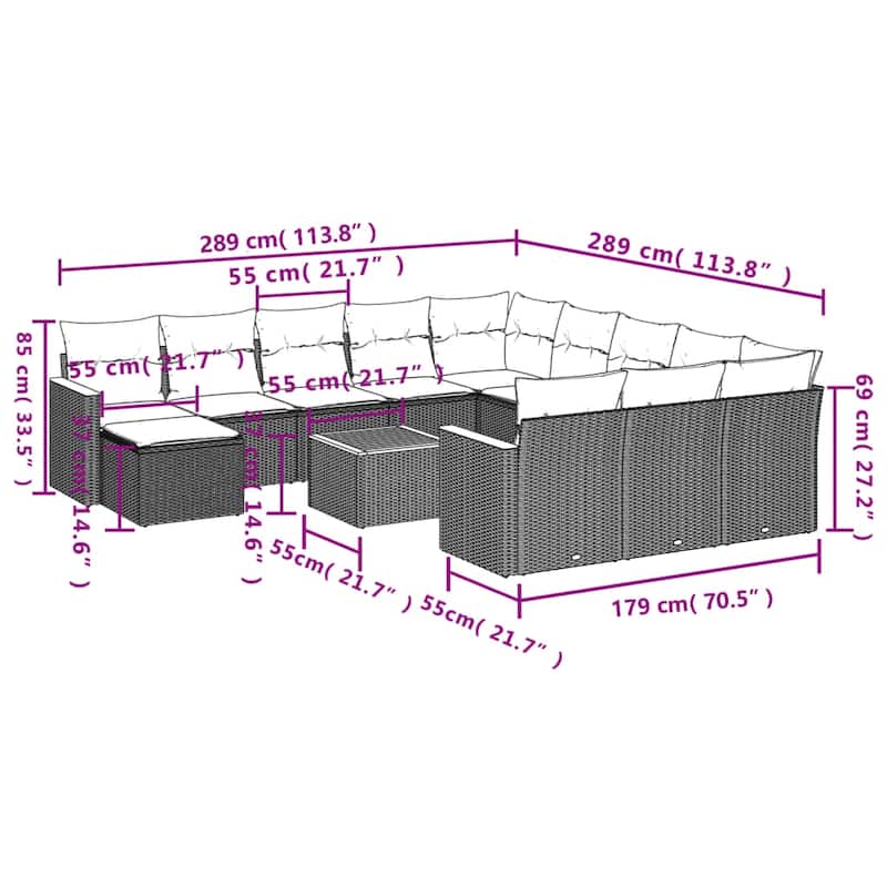 vidaXL 12/13 Piece Patio Sofa Set with Cushions Black/Gray Poly Rattan - 24.4 x 24.4 x 27.2