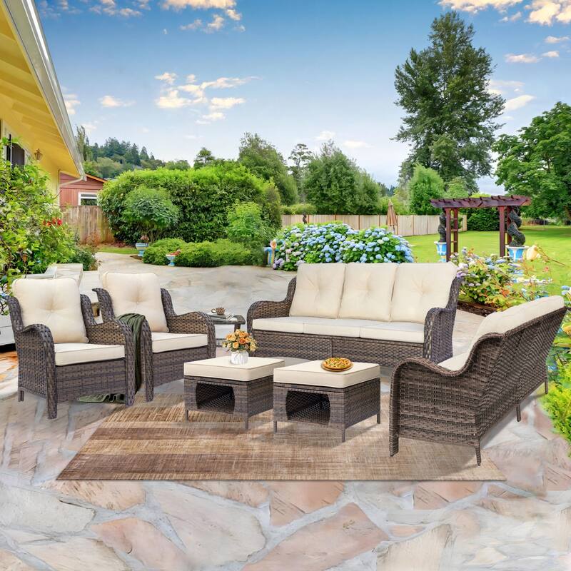 Wicker Outdoor Patio Furniture Seating Sofa Set with Storage Ottomans - 7 Piece - Beige